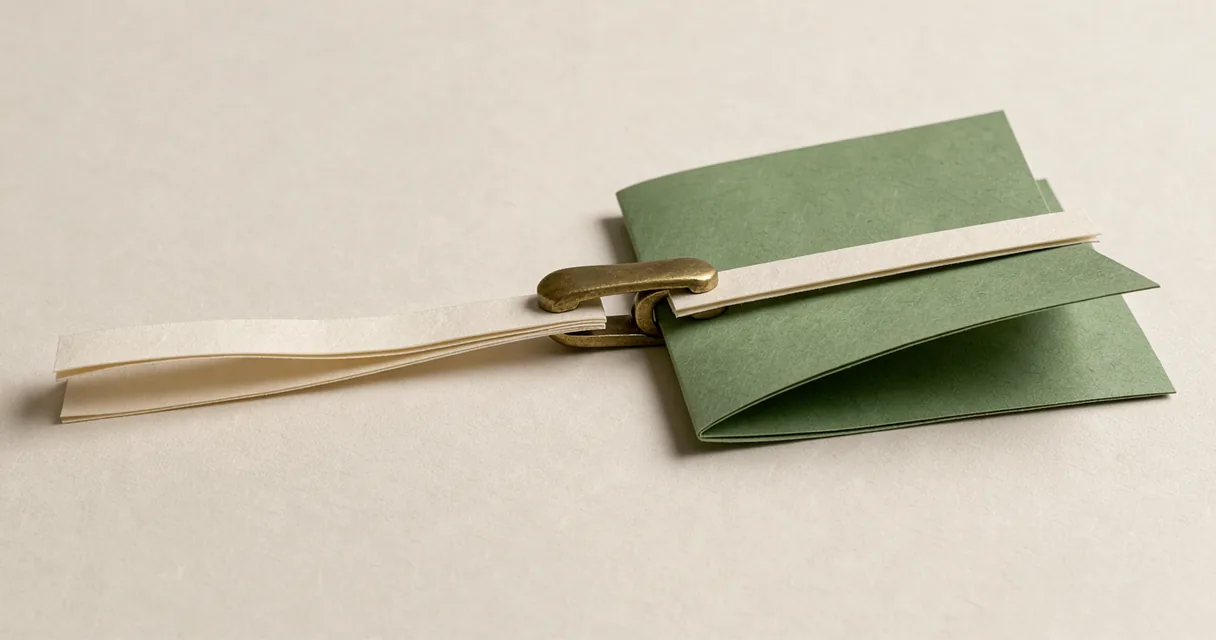 A pale paper peptide strand is joined to a larger folded green form by a small clasp