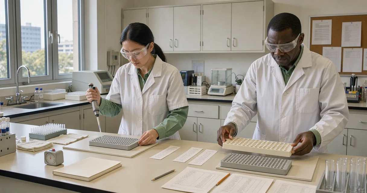 Two laboratory technicians prepare repeated assays at a bench with a microplate and pipette