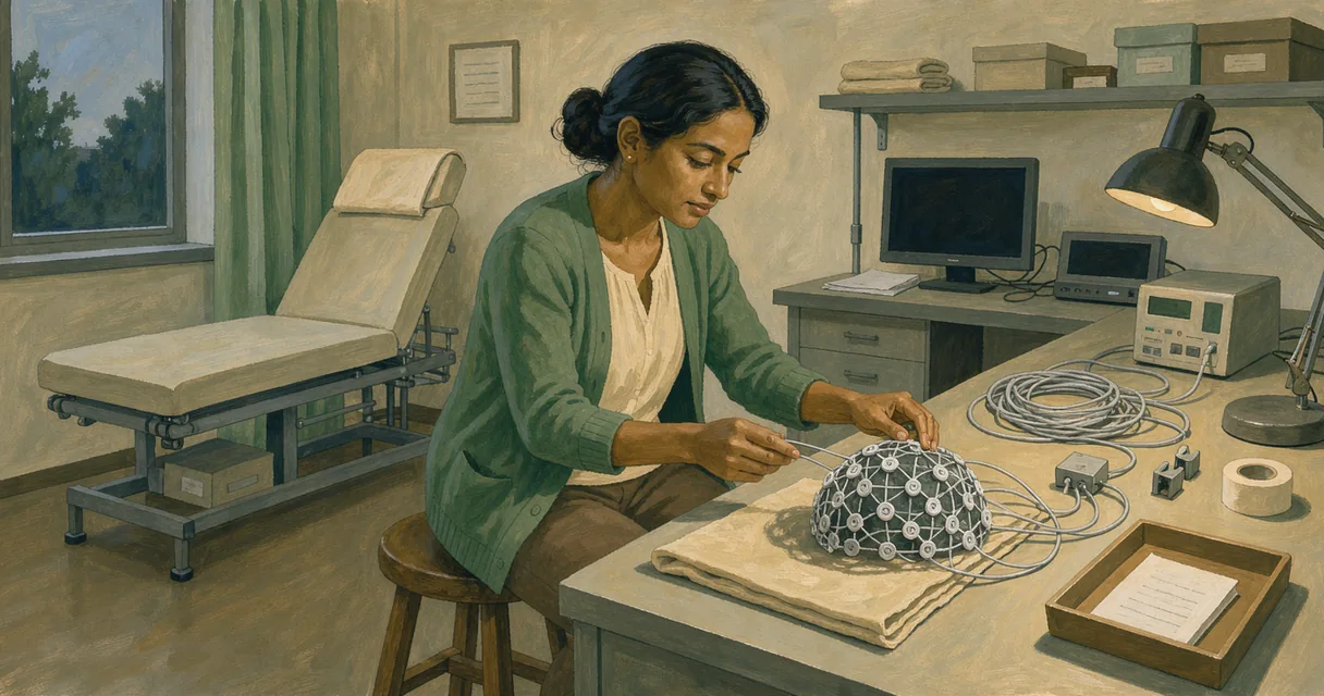 A technician arranges a sleep EEG electrode cap and leads on a cream laboratory bench